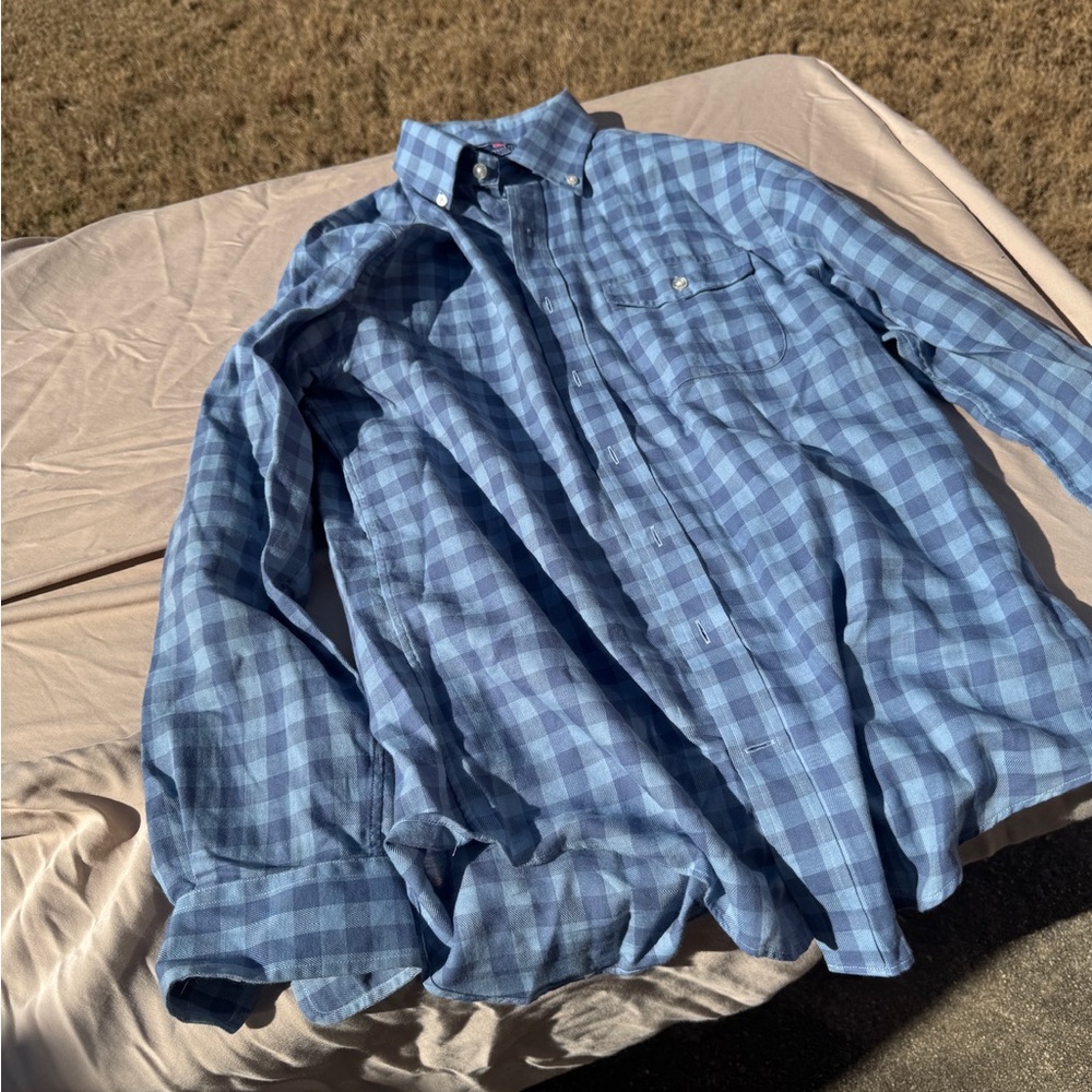 Vineyard Vines Blue Casual Button Down Shirt with Gingham Pattern